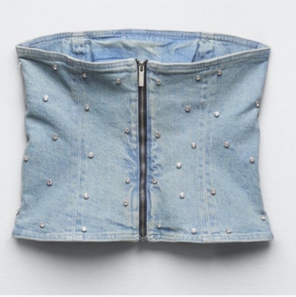 Zara Denim Top Jewel Corset Rhinestone size S - Picture 11 of 12